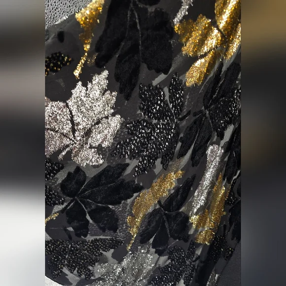 RICHILENE Elegant Black gown With Metallic Gold And Silver Leafs RARE GOWN